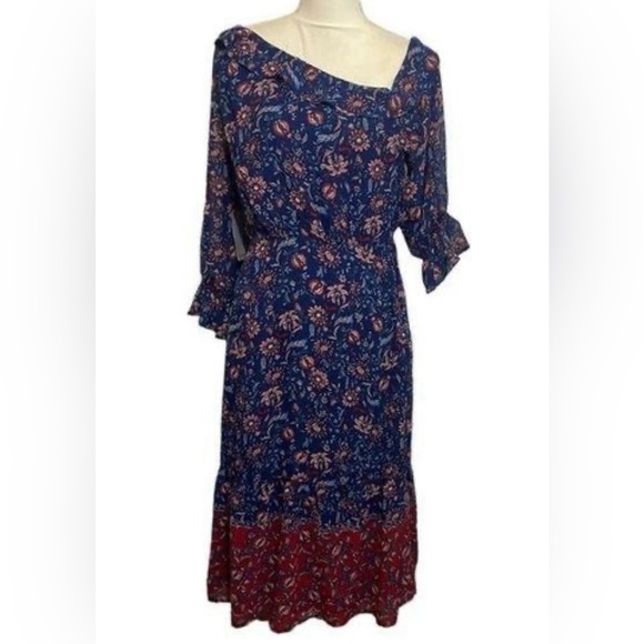 Collective Concepts Dress Blue Red Floral Midi Dress Asymmetrical NWT - Picture 3 of 14